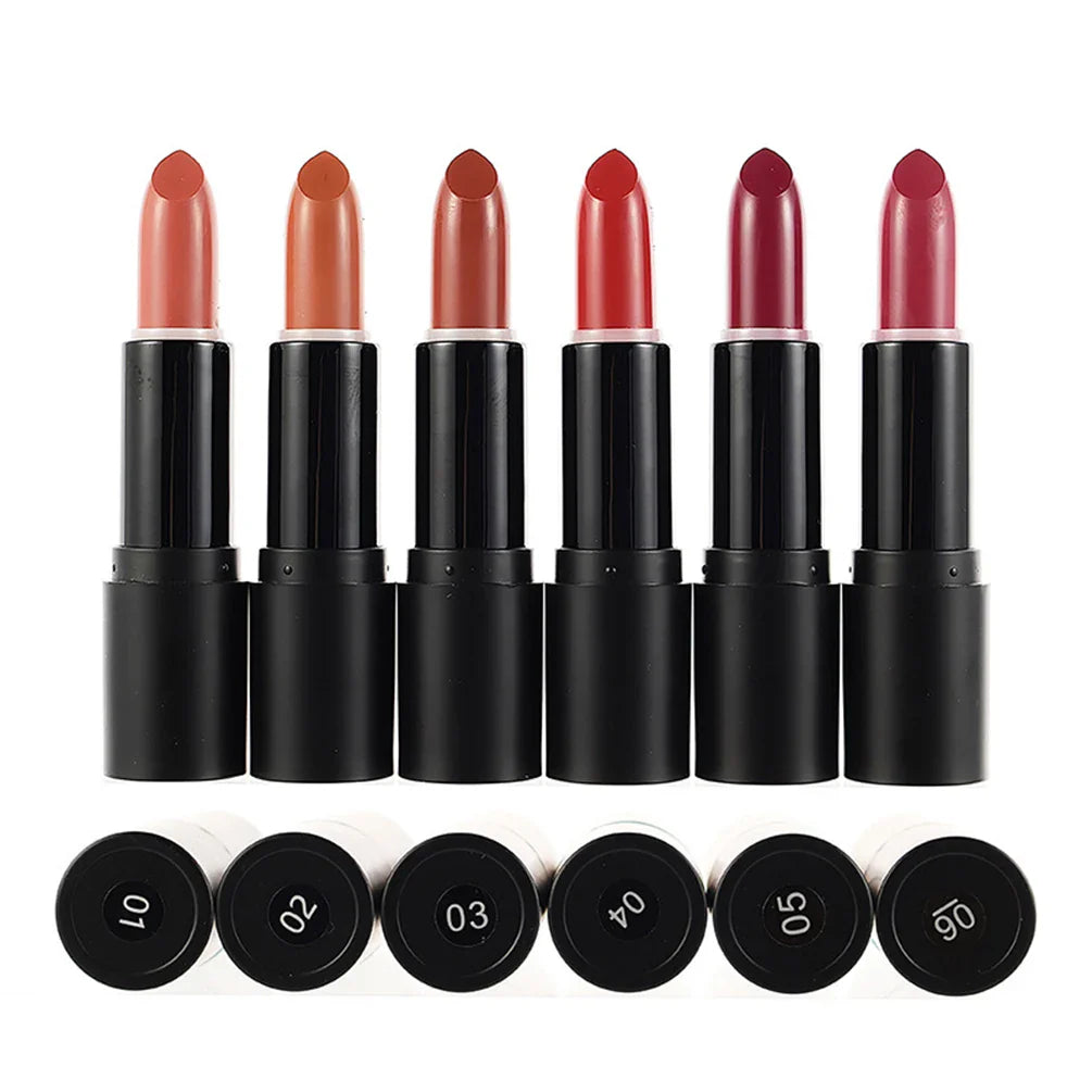 6-color Matte Private Label Solid Lipstick Custom Logo Velvet Black Tube Package Lipstick Bulk 5g Moisture Long-lasting Makeup